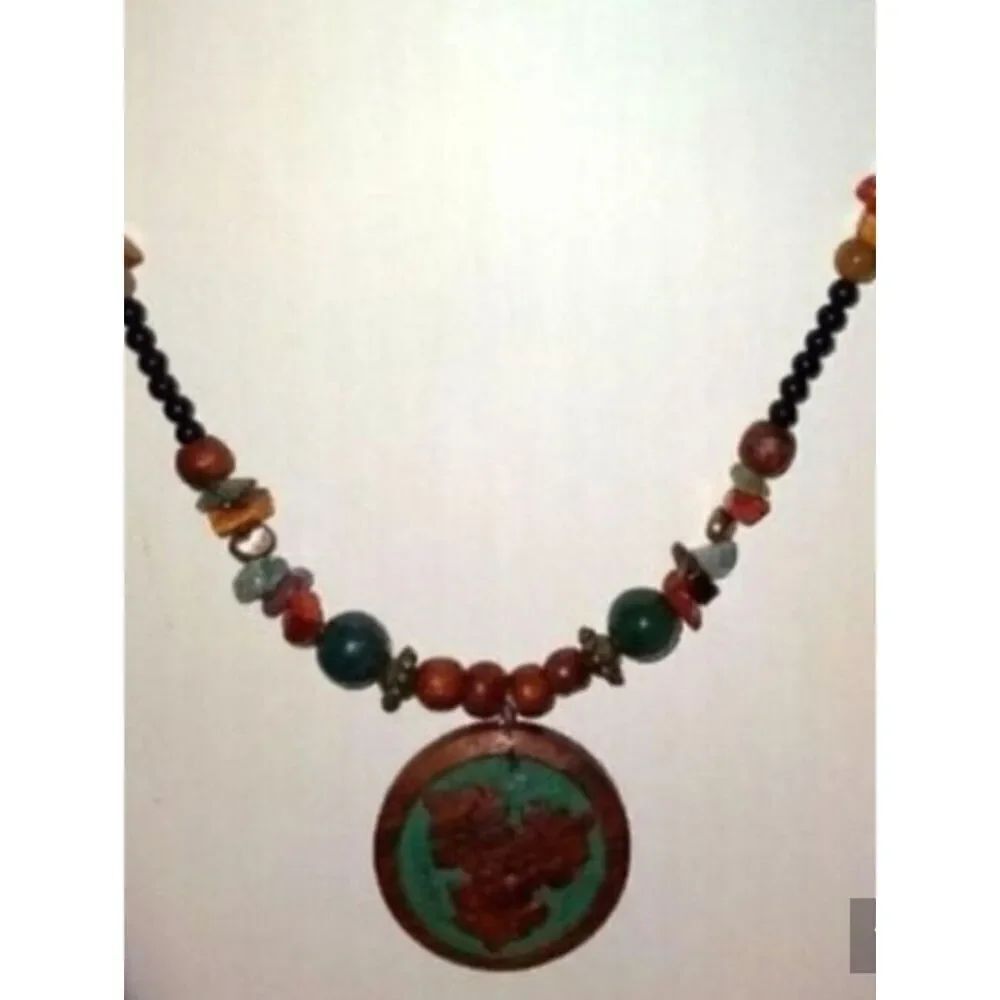 Boho Multicolor Beaded Necklace with floral carved Turquoise & dark wood Pendant